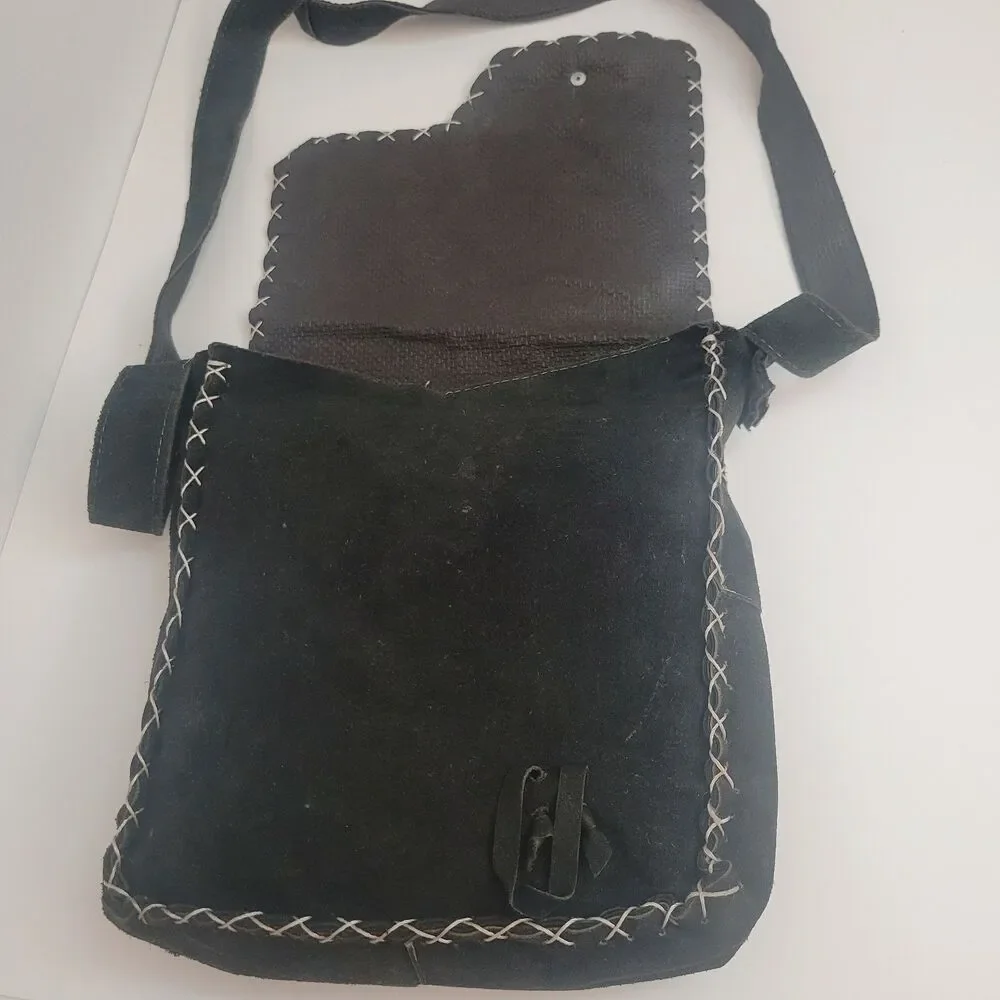 Black Suede Leather Crossbody Bag Yin Yang Handmade Boho Hippie Distressed
